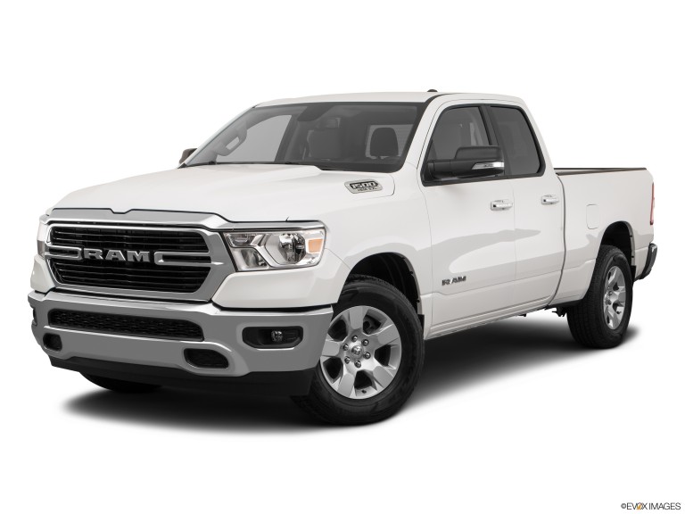 White 2020 Ram 1500 Big Horn from front drivers side
