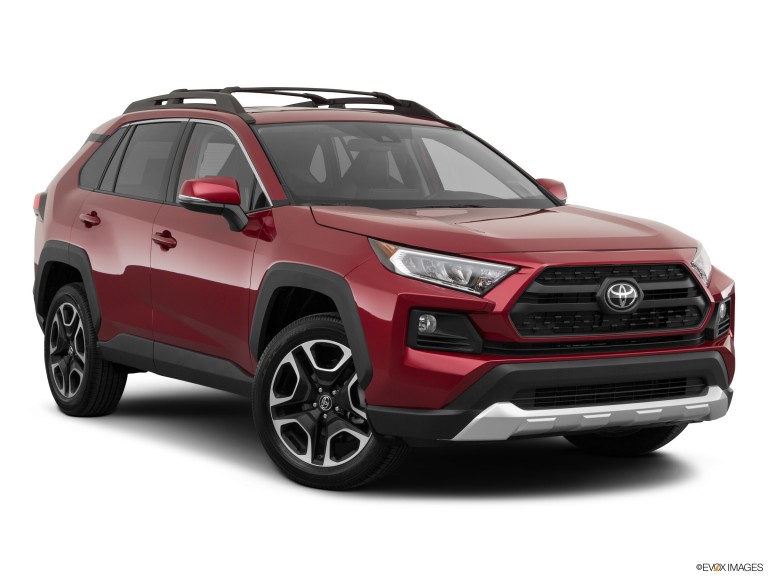 Red Rav4 showing black rims and tires / front drivers side