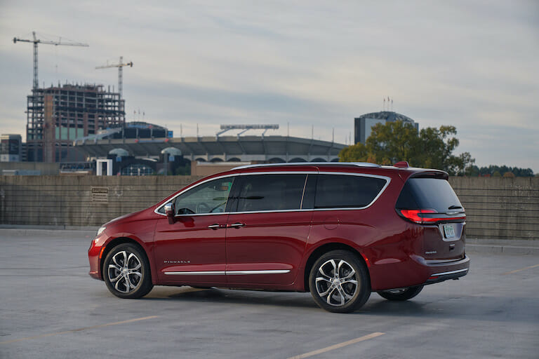 2022 Chrysler Pacifica Pinnacle with all-wheel drive, shown in Velvet Red exterior color option.