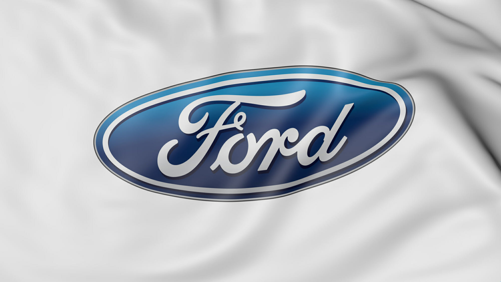 Close up of waving flag with Ford Motor Company logo, 3D rendering