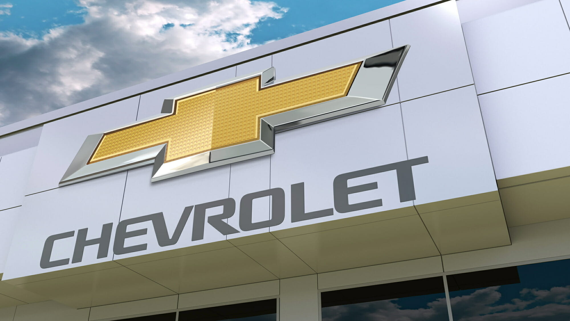 Chevrolet logo on the modern building facade. Editorial 3D rendering