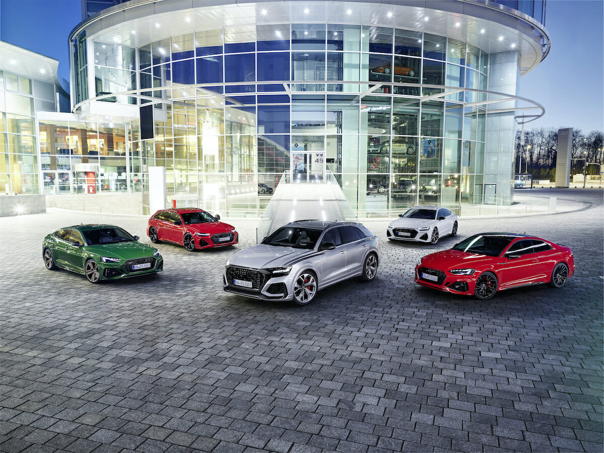 Audi RS 4 Avant, Audi RS Q8; Audi RS Q3 Sportback Audi RS Q3, Colour: Kyalami green Audi RS 7 Sportback, Colour: Glacier white Audi RS 6 Avant, Colour: tango red